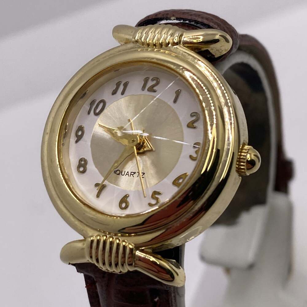 Womens Gold Tone Brown Leather Watch New Battery